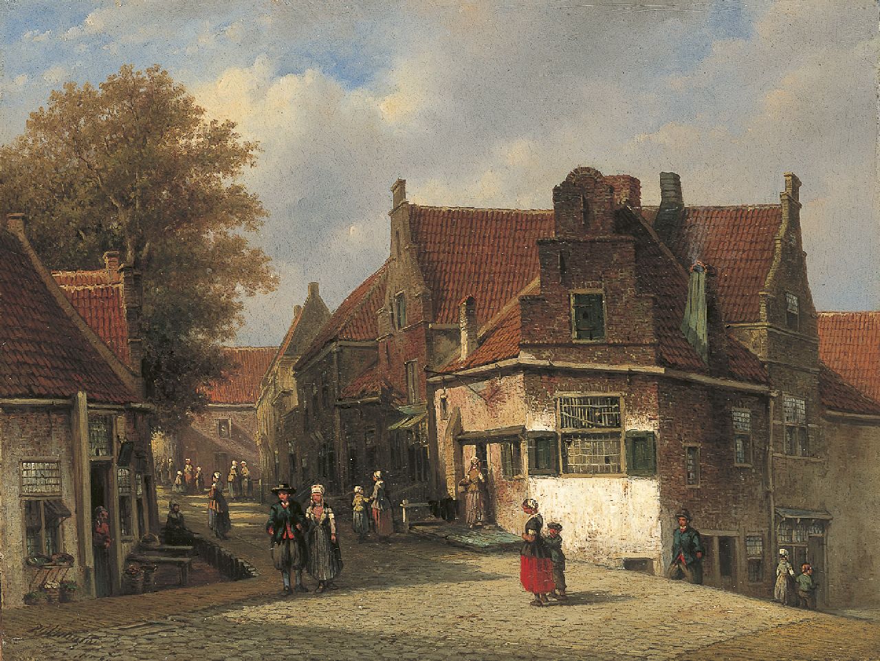 Vertin P.G.  | Petrus Gerardus Vertin, A sunlit street with a woman from Marken in a regional costume, oil on panel 31.2 x 41.2 cm, signed l.l. and dated '51