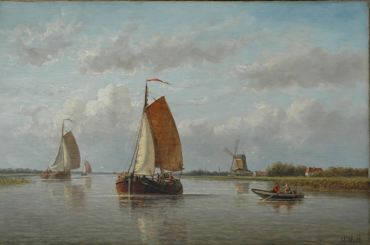 Hulk H.  | Hendrik Hulk, A river landscape with barges, oil on canvas 44.5 x 67.3 cm, signed l.r.