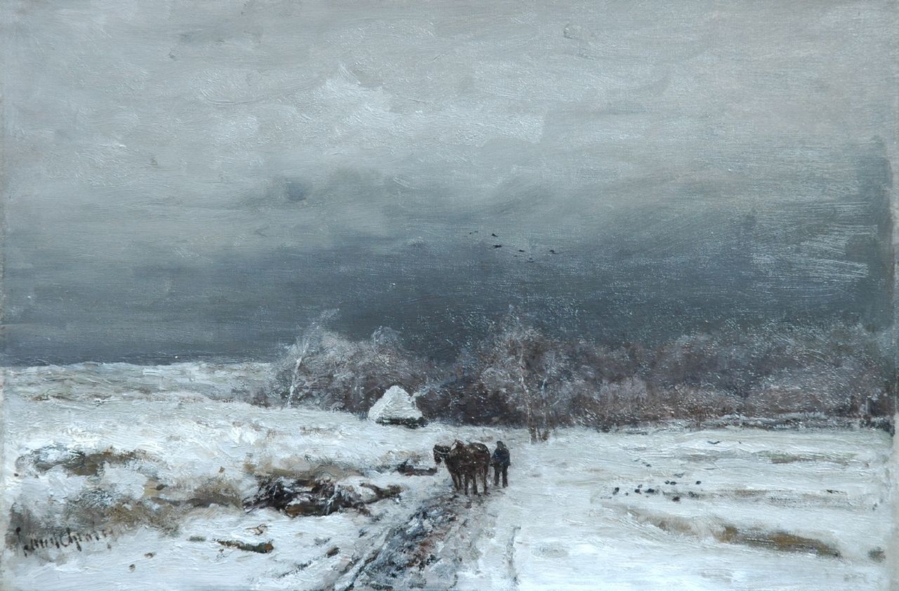Apol L.F.H.  | Lodewijk Franciscus Hendrik 'Louis' Apol, A traveller in a snow-covered landscape, oil on canvas 33.9 x 49.8 cm, signed l.l.