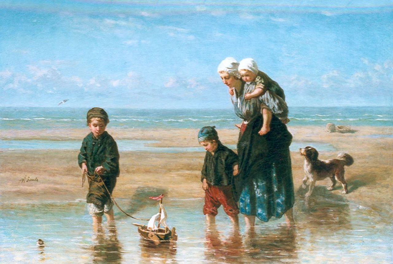 Israëls J.  | Jozef Israëls, Playing in the surf, oil on canvas 91.5 x 132.1 cm, signed m.l. and painted circa 1863