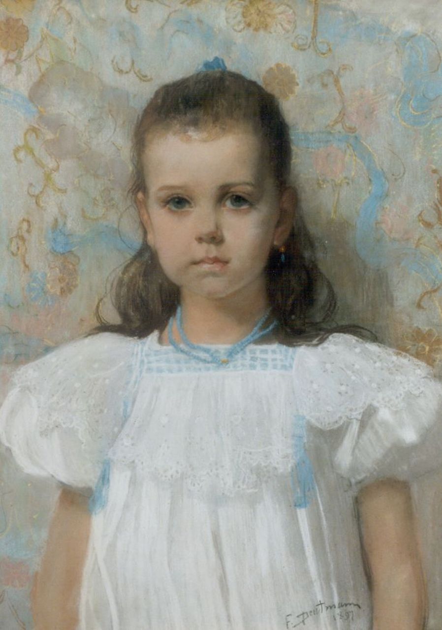 Deutmann F.W.M.  | 'Franz' Wilhelm Maria Deutmann, A portrait of a young girl with a white dress, pastel on paper 62.5 x 45.0 cm, signed l.r. and dated 1897