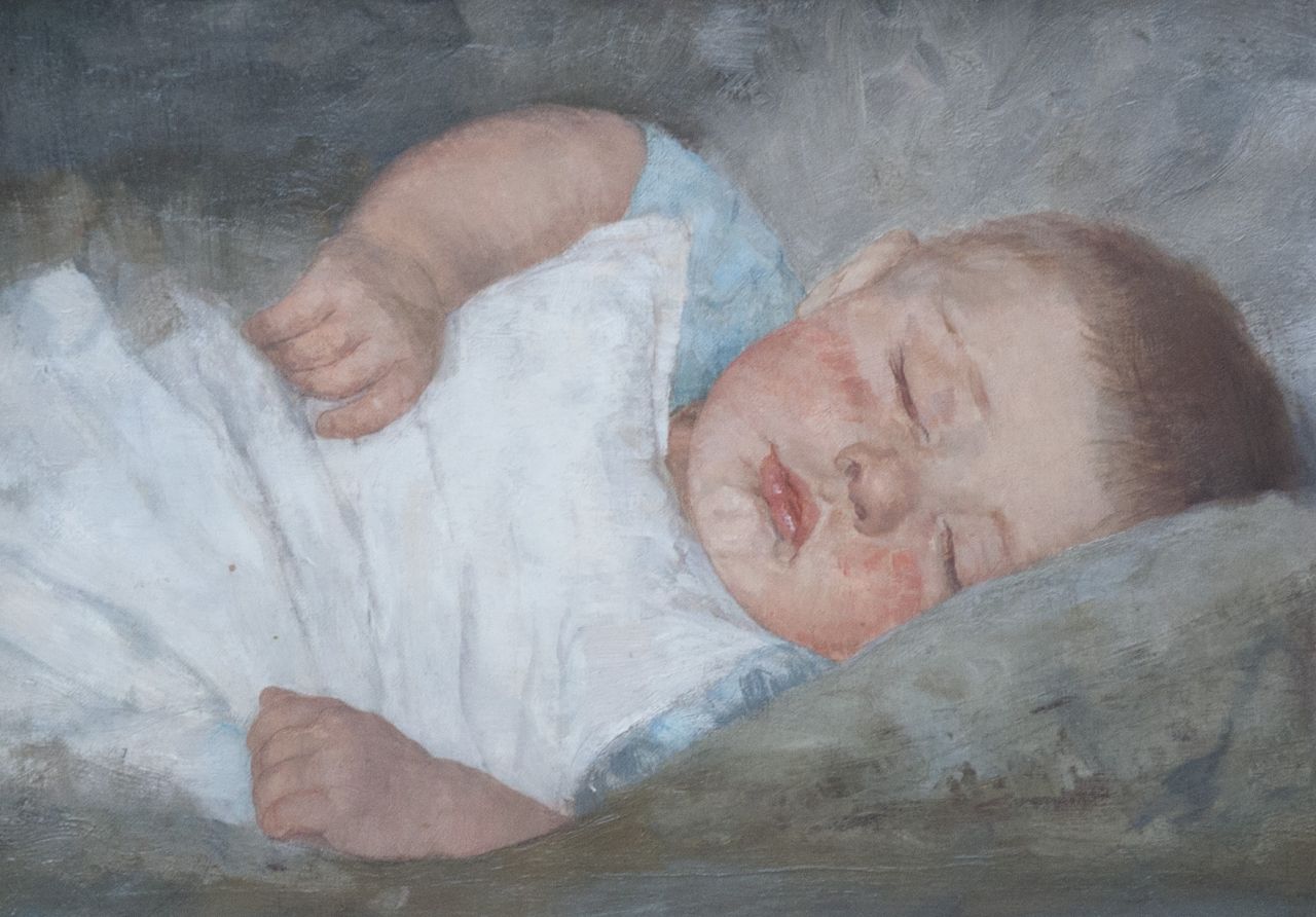 Moes W.W.  | Wilhelmina Walburga 'Wally' Moes, Sleeping baby, oil on canvas 26.5 x 37.0 cm