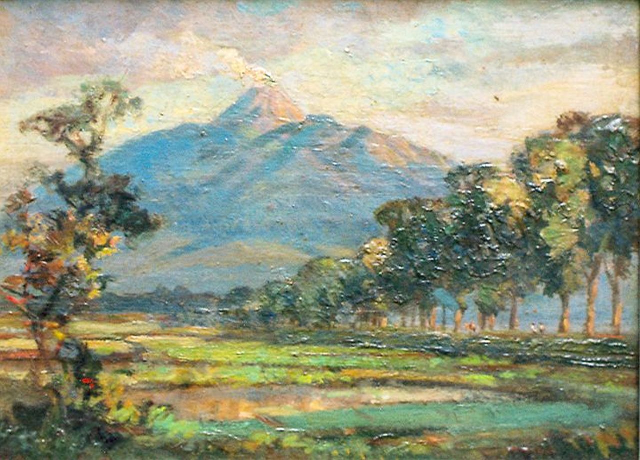Dezentjé E.  | Ernest Dezentjé, View of Mount Merapi, oil on panel 21.0 x 28.0 cm