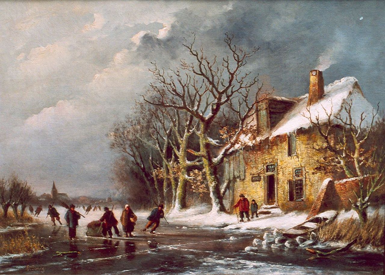 Sierich L.C.  | Ludwig Casimir 'Louis' Sierich, Skaters on a frozen river, oil on canvas 45.3 x 63.0 cm, signed l.l.