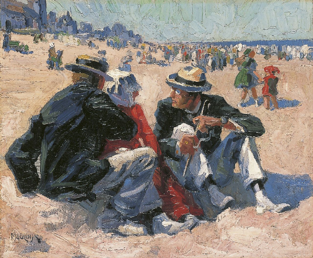 Meuldijk M.  | Maarten Meuldijk, Figures on the beach, Scheveningen, oil on canvas laid down on panel 33.2 x 40.3 cm, signed l.l.