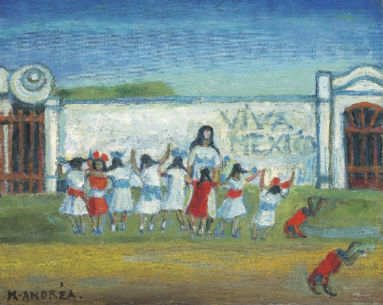 Andréa C.  | Cornelis 'Kees' Andréa, Childeren's party, Mexico, oil on canvas laid down on painter's board 39.9 x 49.9 cm, signed l.l.