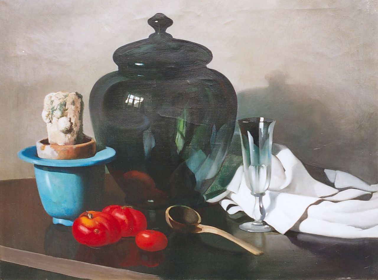 Hoff A.J. van 't | Adrianus Johannes 'Adriaan' van 't Hoff, A still life with a glass and cactus, oil on canvas 56.7 x 75.8 cm