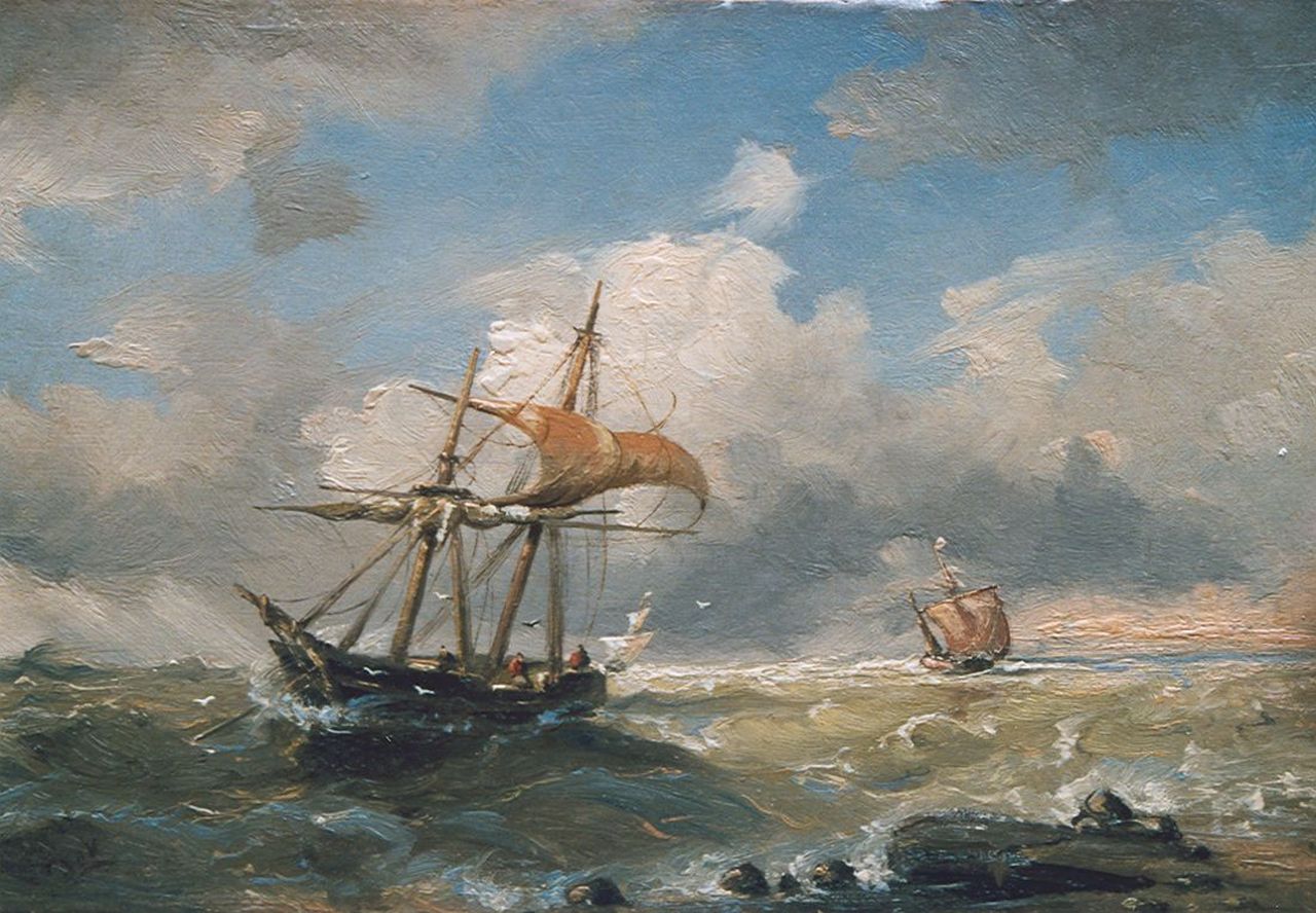 Haan D. de | Dirk de Haan, An anchored two-master, oil on panel 16.5 x 24.5 cm, signed l.l. with initials