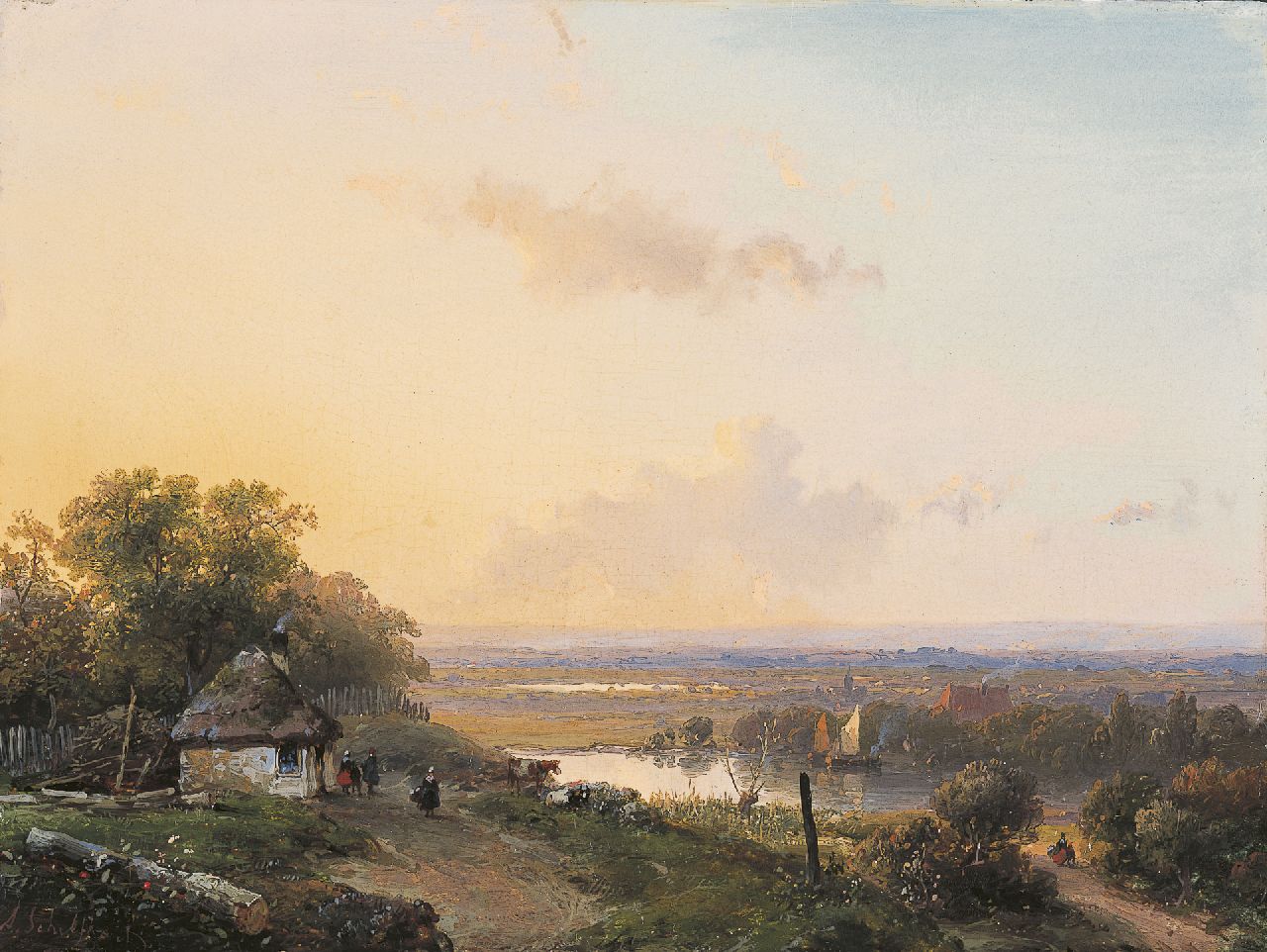 Schelfhout A.  | Andreas Schelfhout, Figures on a path in a panoramic landscape, oil on panel 19.0 x 25.5 cm, signed l.l. and painted circa 1850