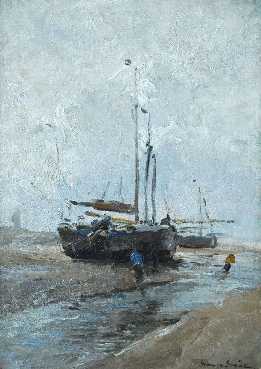 Grobe P.G.  | Philipp 'German' Grobe, 'Bomschuit' on the beach, oil on canvas laid down on painter's board 47.3 x 34.0 cm, signed l.r.