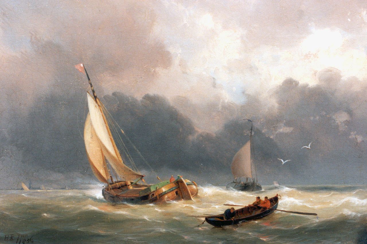 Koekkoek jr. H.  | Hermanus Koekkoek jr., Sailing vessels in a fresh breeze, oil on panel 18.4 x 24.8 cm, signed l.l. with monogram and dated 1856