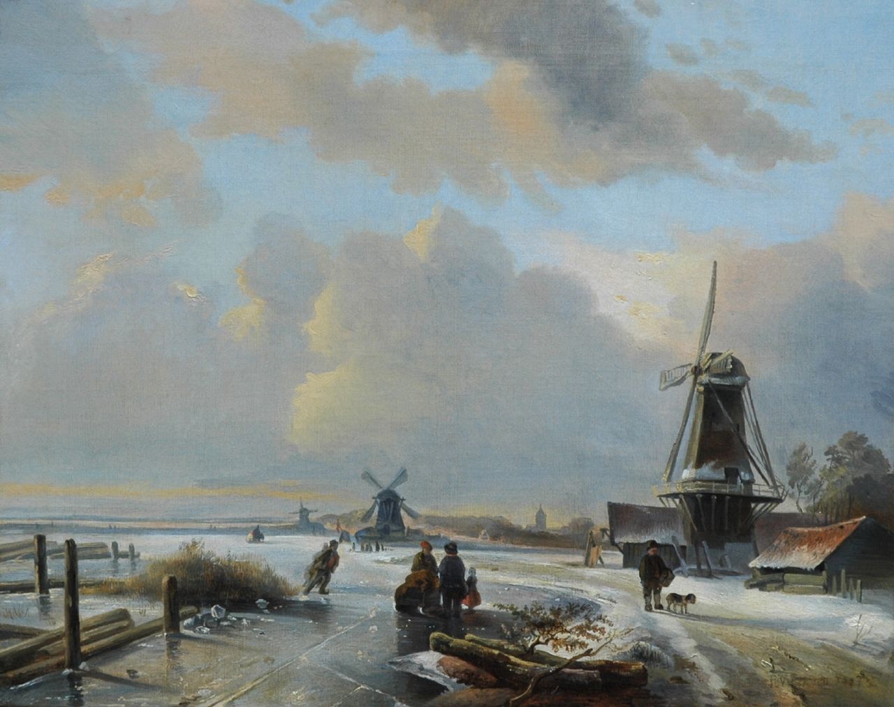 Voskuil P.  | Pieter Voskuil, A winter landscape with skaters on a frozen waterway, oil on canvas 39.1 x 48.8 cm, signed l.r. and dated 1837