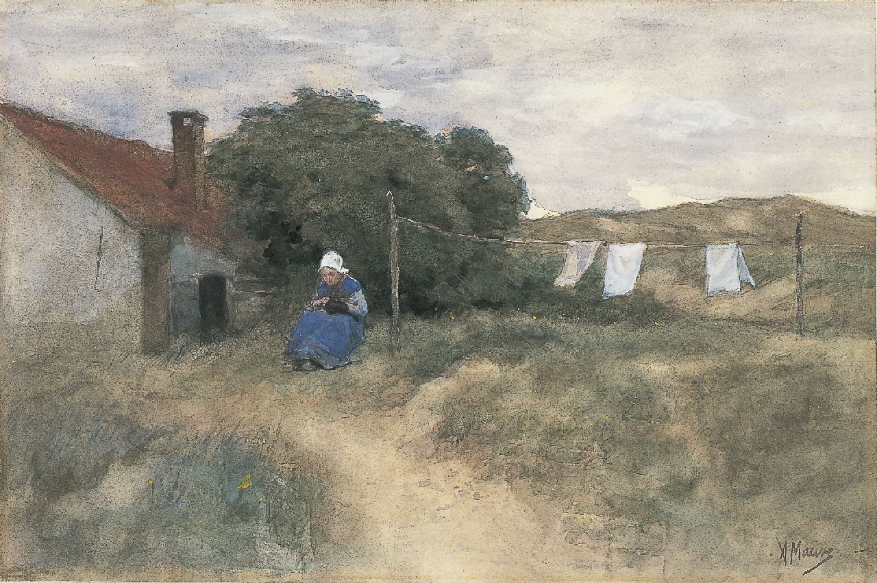 Mauve A.  | Anthonij 'Anton' Mauve, A farmer's wife in the dunes, watercolour on paper 22.6 x 34.5 cm, signed l.r.