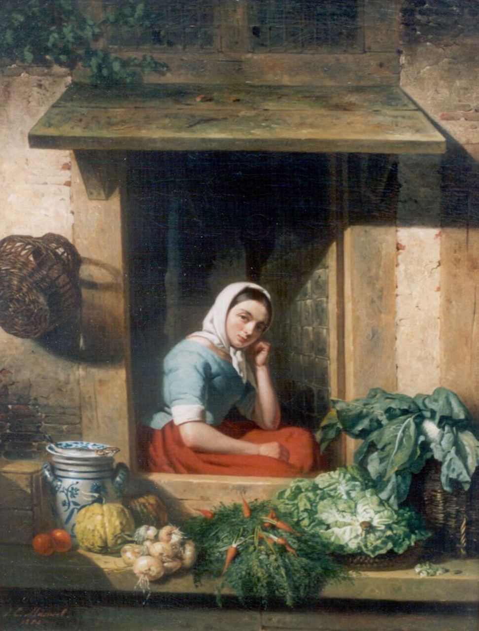 Masurel J.E.  | Johannes Engel Masurel, Selling vegetables, oil on canvas 53.0 x 40.8 cm, signed l.l. and dated 1852