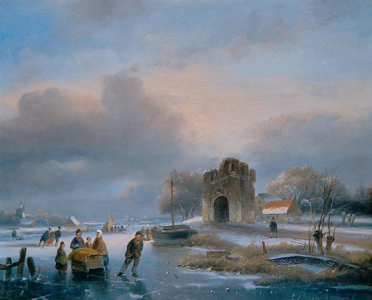 Velzen J.P. van | Johannes Petrus van Velzen, Skaters on a frozen waterway near a ruin, oil on panel 20.6 x 25.5 cm, signed l.r.