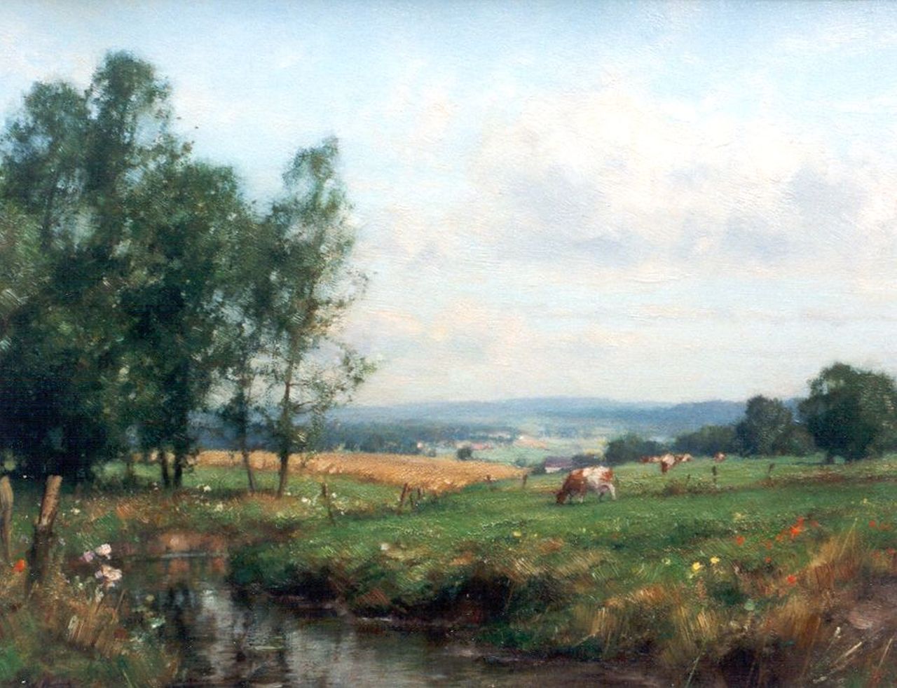 Holtrup J.  | Jan Holtrup, Landscape with cattle, Limburg, oil on canvas 35.0 x 45.0 cm, signed l.l.