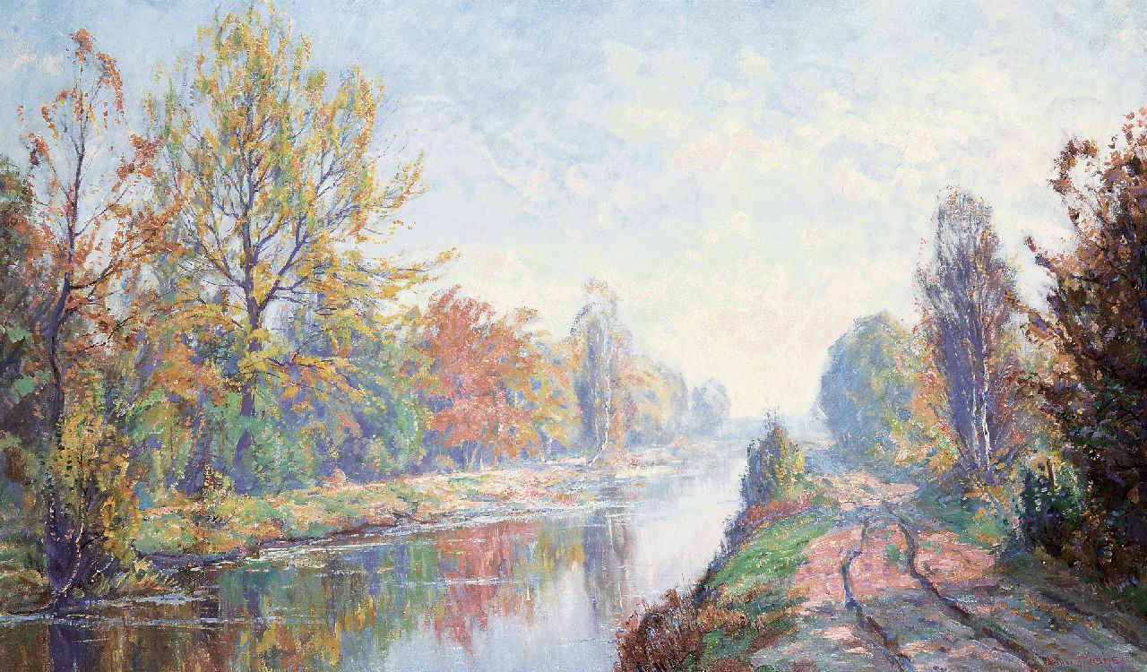 Meijer J.  | Johannes 'Johan' Meijer, An autumn morning along the Gooiersgracht near Laren, oil on canvas 60.0 x 100.0 cm, signed l.r.