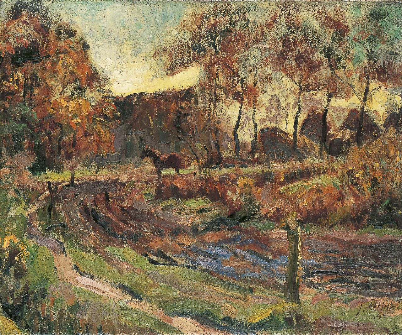 Altink J.  | Jan Altink, A landscape with a horse and farm, oil on canvas 50.2 x 60.7 cm, signed l.r. and dated '45