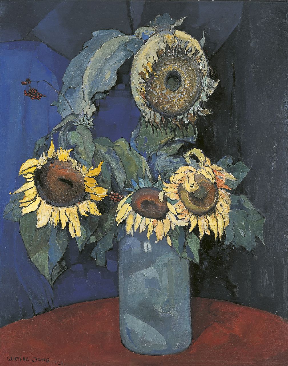 Jong G. de | Gerben 'Germ' de Jong, Sunflowers in a blue vase, oil on canvas 98.8 x 78.9 cm, signed l.l. and dated 1921