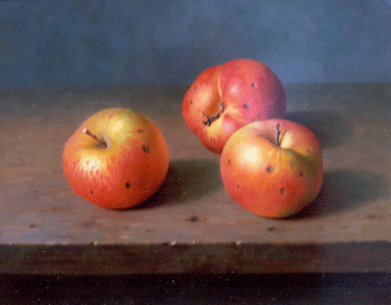 Bubarnik G.  | Gyula Bubarnik, Apples on a wooden table, copper 24.0 x 31.0 cm, signed l.r.