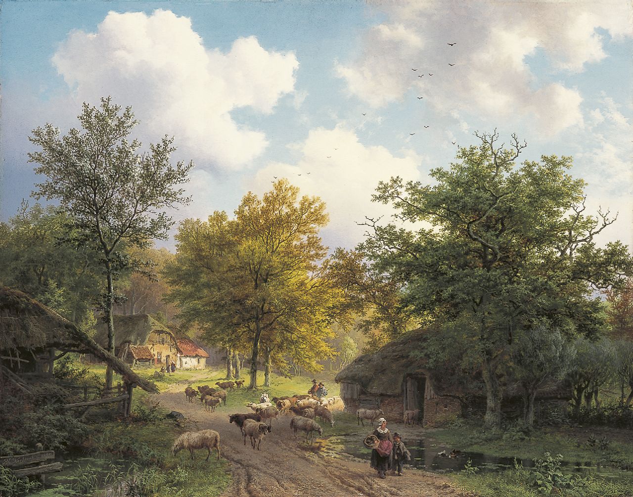 Koekkoek B.C.  | Barend Cornelis Koekkoek, A shepherd and his flock in a wooded landscape, oil on panel 39.5 x 50.0 cm, signed l.l. and dated 1851