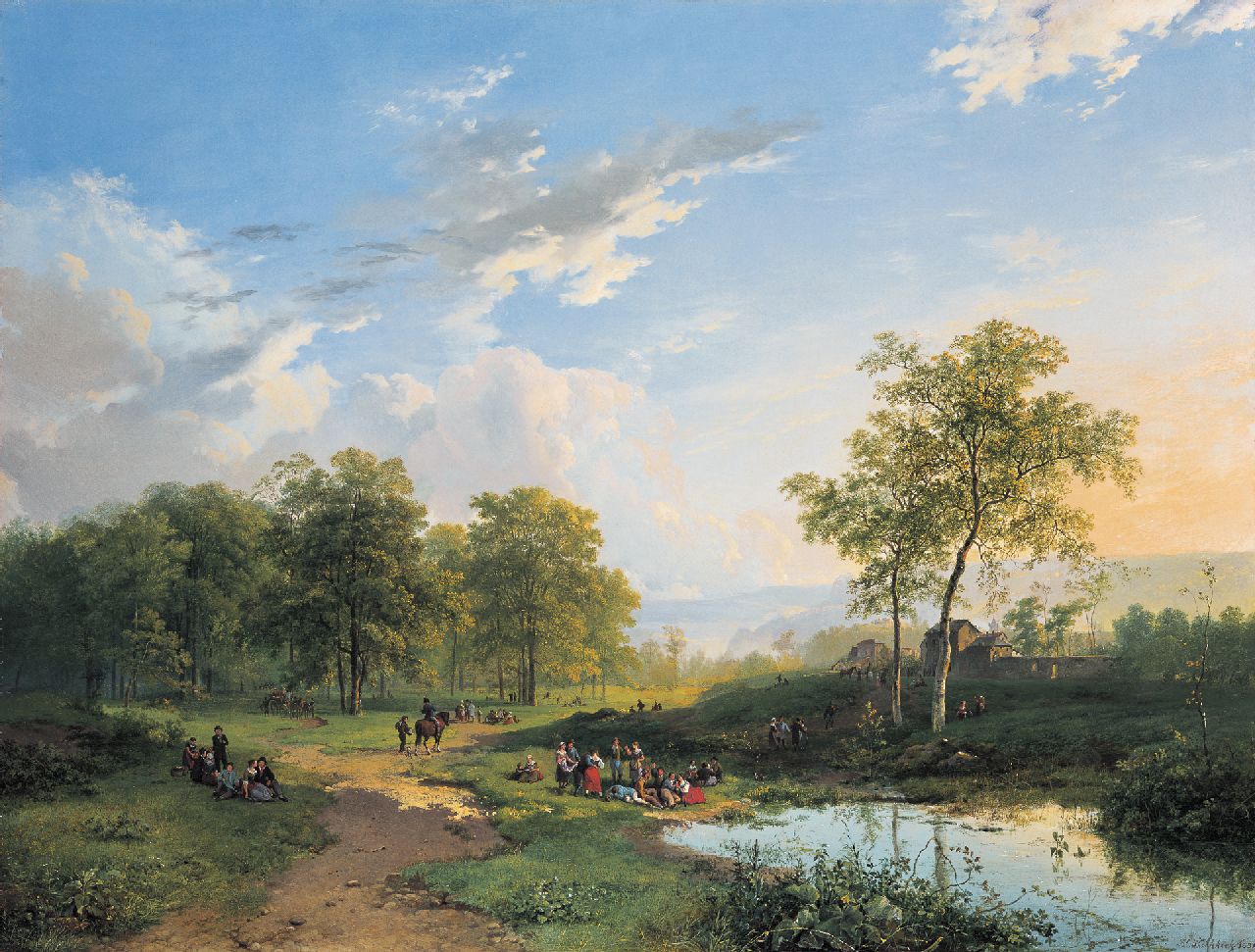 Koekkoek B.C.  | Barend Cornelis Koekkoek, An elegant company in a river landscape, oil on canvas 56.3 x 74.0 cm, signed l.r. and dated 1831