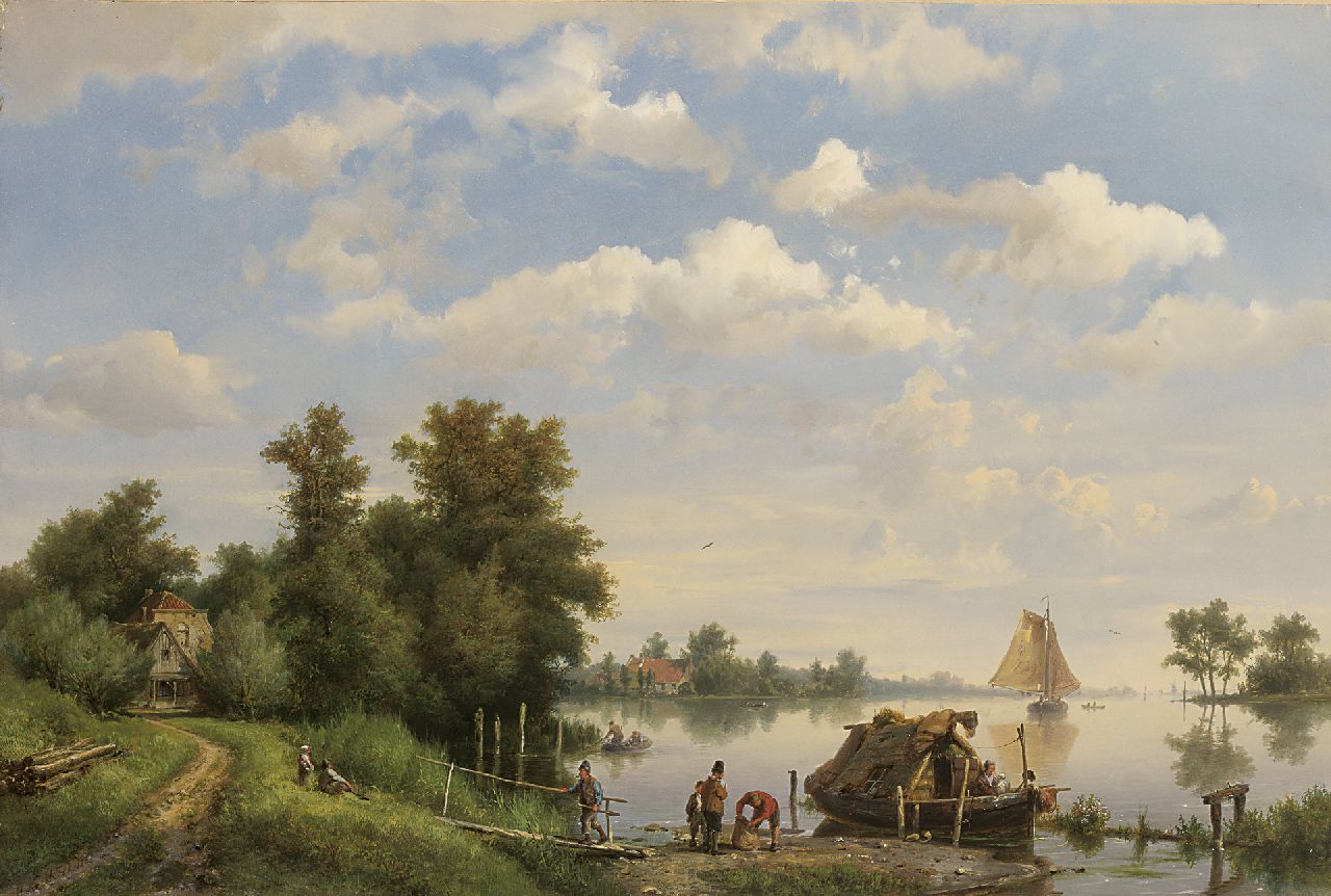 Koekkoek H.  | Hermanus Koekkoek, A calm river with ships and a moored houseboat, oil on canvas 38.4 x 56.8 cm, signed l.l. and dated 1863