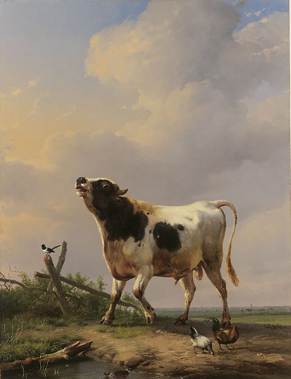 Verboeckhoven E.J.  | Eugène Joseph Verboeckhoven, A bull in a polder landscape, oil on panel 72.4 x 55.0 cm, signed l.r. and dated 1851