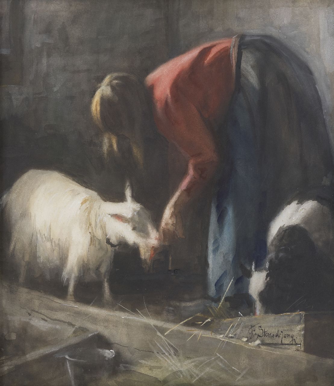 Jacobus Frederik Sterre de Jong | Feeding the goat, watercolour on paper, 42.6 x 37.0 cm, signed l.r.