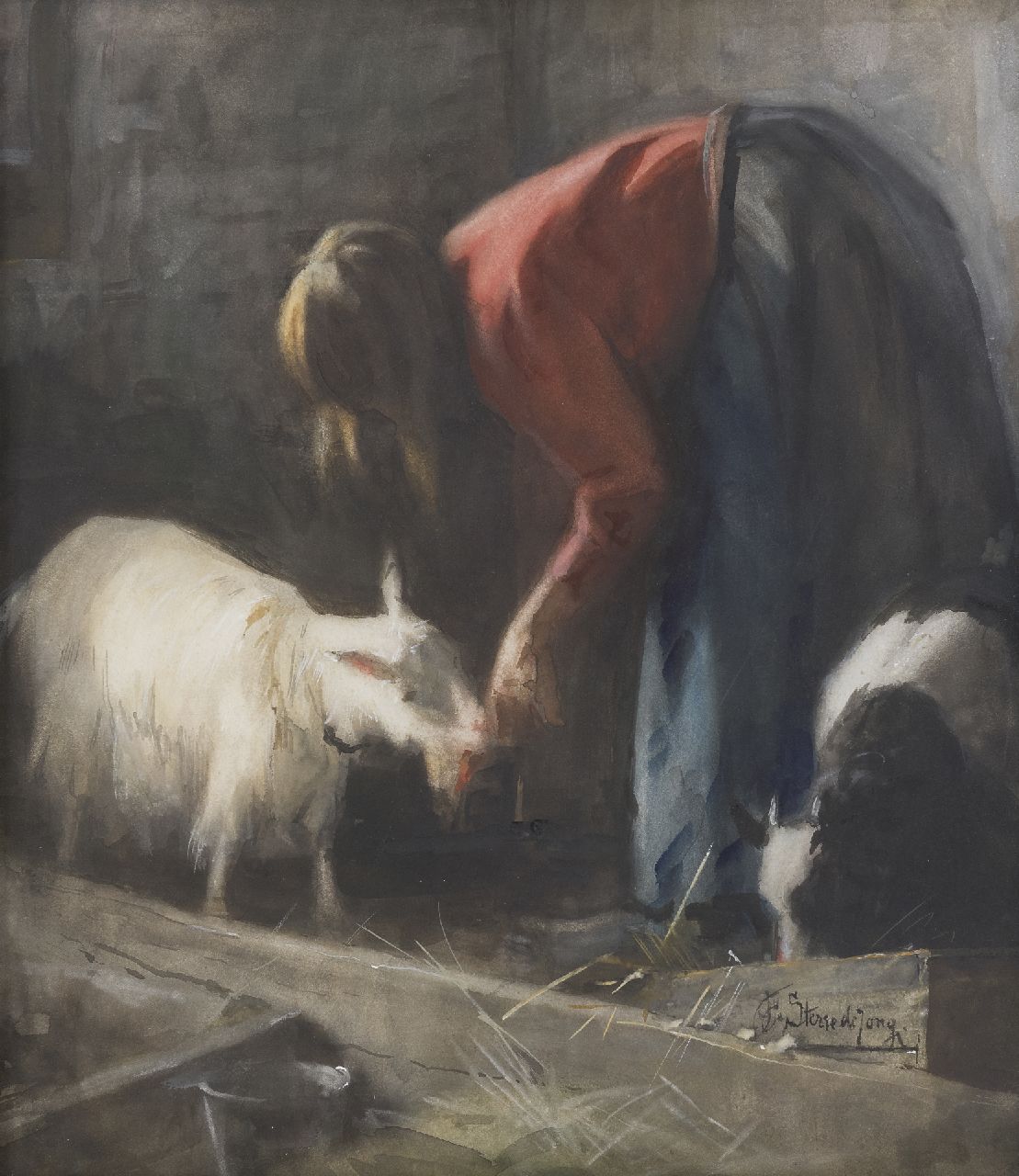 Sterre de Jong J.F.  | Jacobus Frederik Sterre de Jong | Watercolours and drawings offered for sale | Feeding the goat, watercolour on paper 42.6 x 37.0 cm, signed l.r.