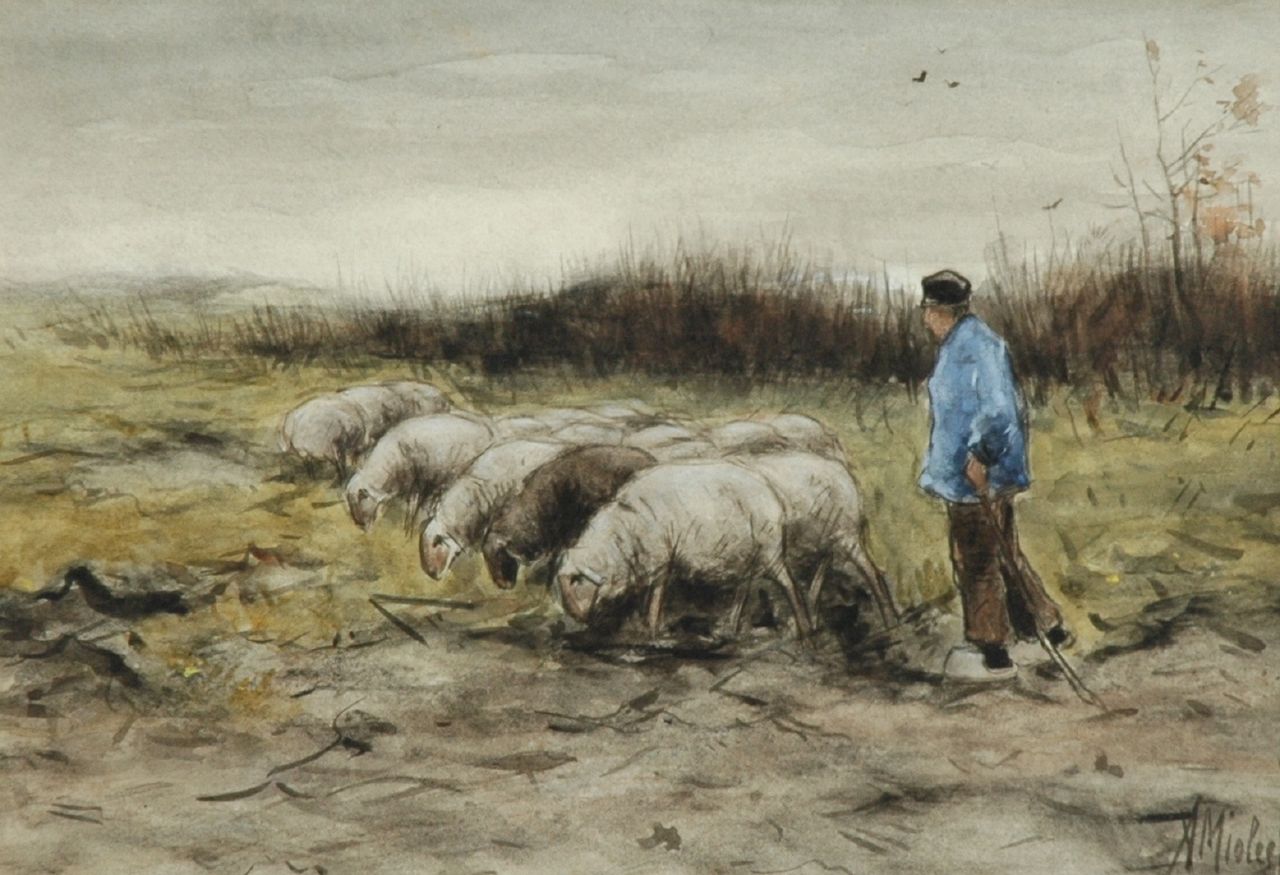 Miolée A.  | Adrianus 'Adriaan' Miolée, A shepherd with his flock of sheep, watercolour on paper 21.5 x 31.0 cm, signed l.r.