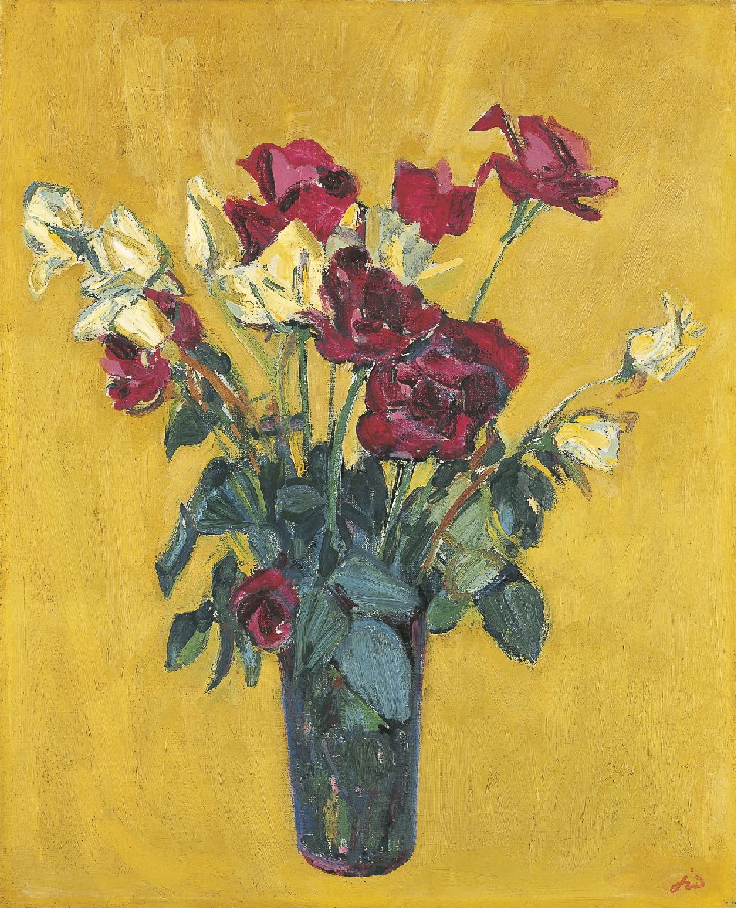 Wiegers J.  | Jan Wiegers, A flower still life, oil on canvas 61.4 x 50.0 cm, signed l.r. with initials and on the reverse and dated 1956 on the reverse