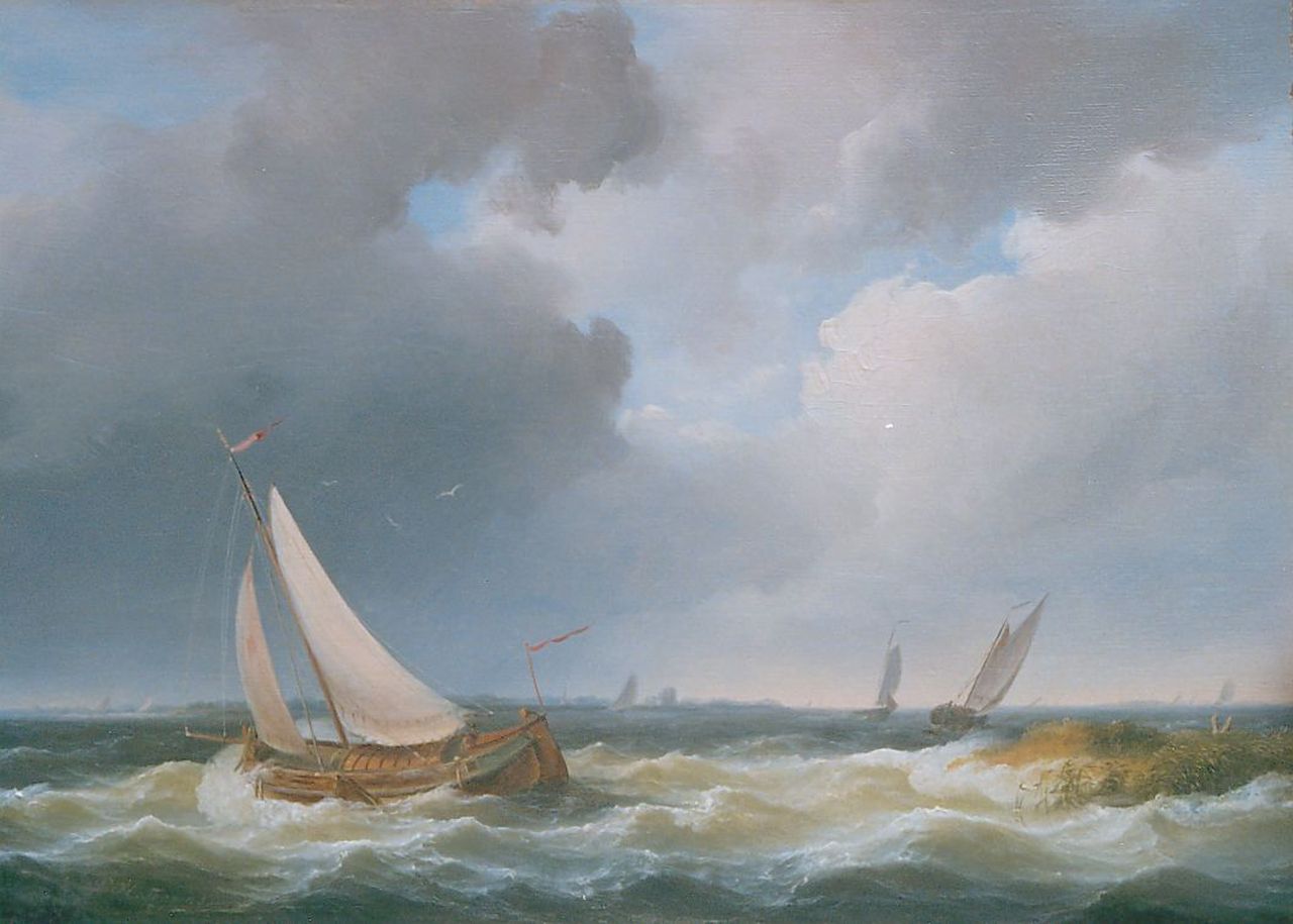 Thomas P.H.  | Pieter Hendrik Thomas, Sailing vessels on choppy waters, oil on panel 24.2 x 33.9 cm, signed l.l. and indistinctly dated