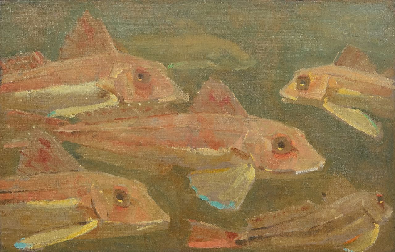 Dijsselhof G.W.  | Gerrit Willem Dijsselhof | Paintings offered for sale | Gurnards in an aquarium, oil on canvas 26.2 x 38.2 cm