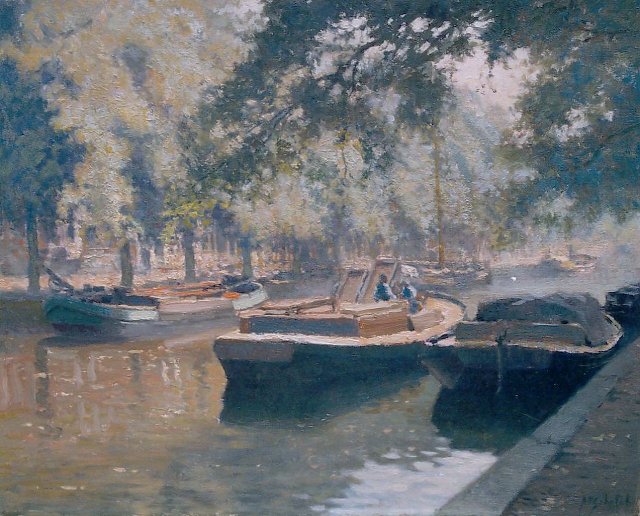 Schotel A.P.  | Anthonie Pieter Schotel, Canal with moored boats, oil on canvas 40.1 x 50.3 cm, signed l.r.
