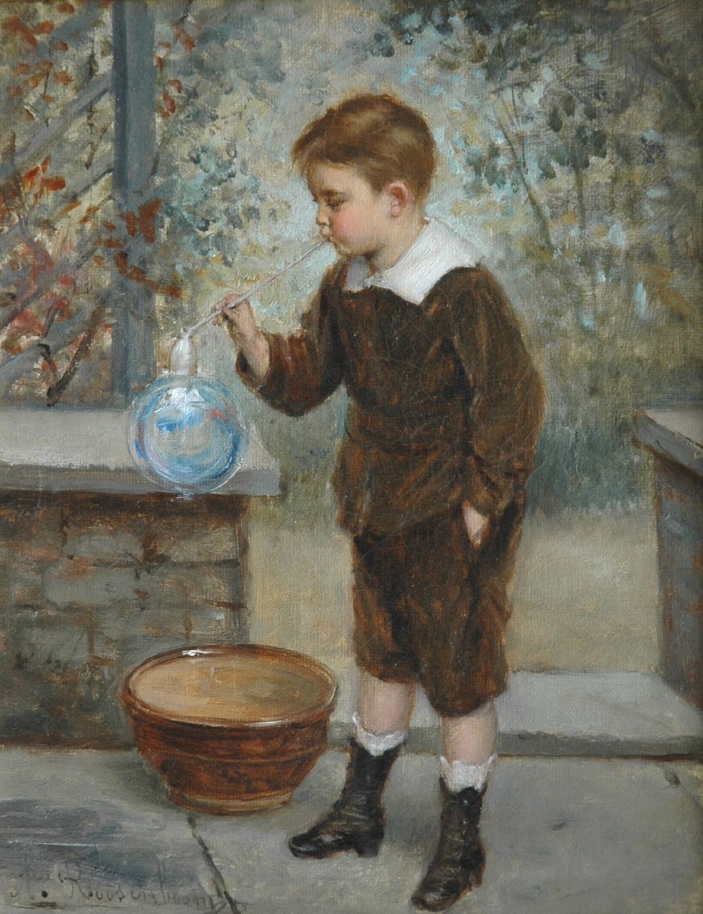 Roosenboom A.  | Albert Roosenboom, Blowing bubbles, oil on canvas 24.2 x 19.2 cm, signed l.l.