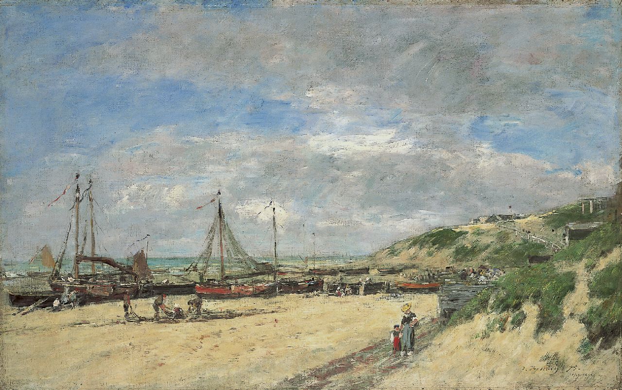 Boudin E.L.  | 'Eugène' Louis Boudin, Low tide, Scheveningen, oil on canvas 59.7 x 94.5 cm, signed l.r. and dated 'Scheveningen'75'