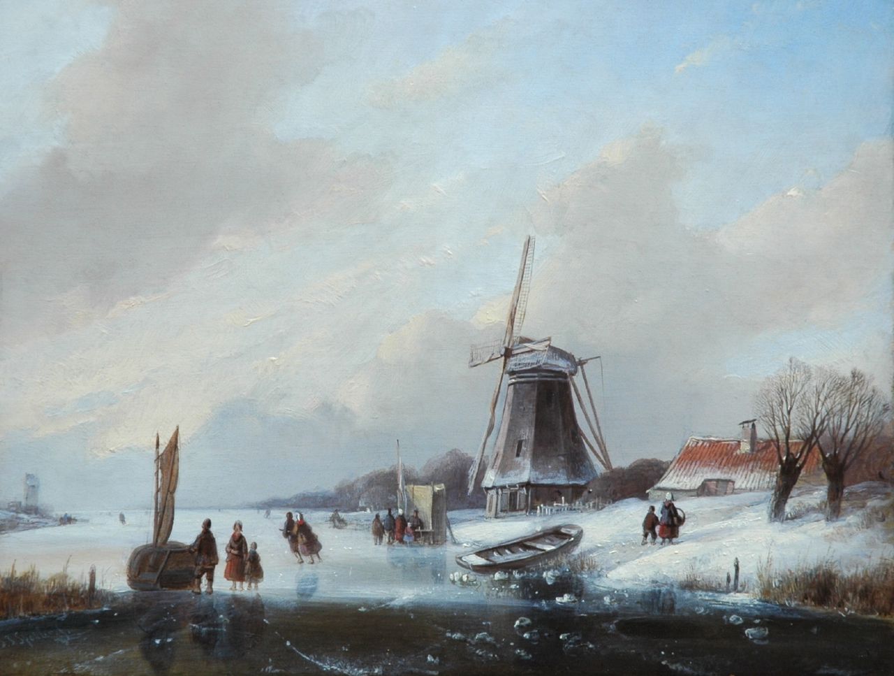 Spohler J.J.  | Jan Jacob Spohler, Skaters on a frozen waterway, a windmill in the distance, oil on panel 26.8 x 34.0 cm, signed l.l.