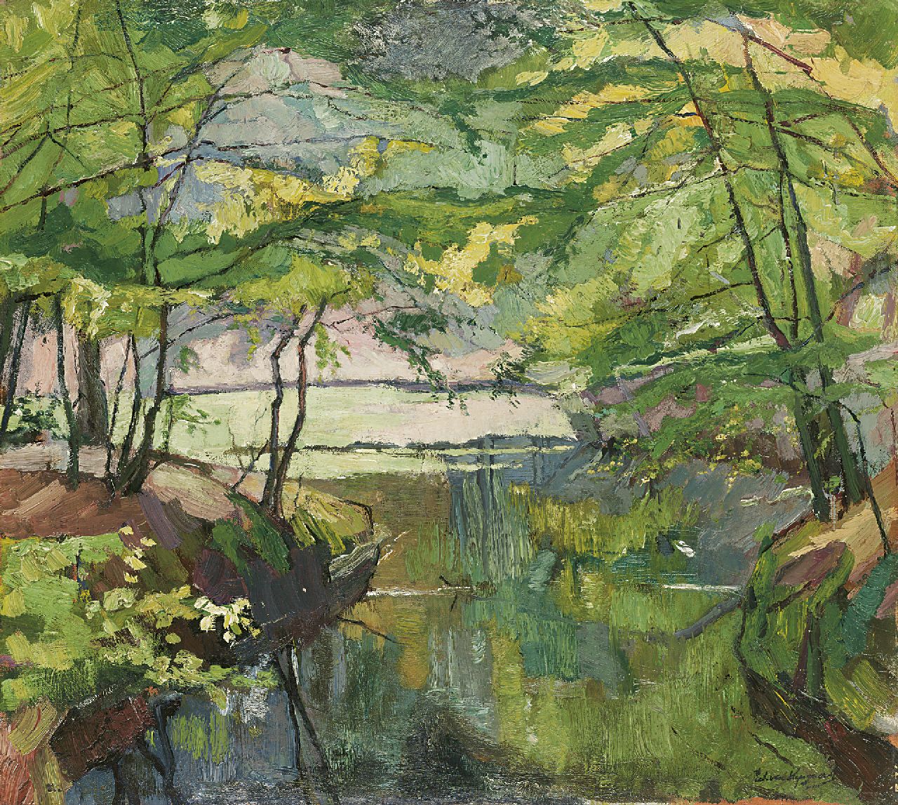 Wijngaerdt P.T. van | Petrus Theodorus 'Piet' van Wijngaerdt, A pond in the 'Baarnse bos', oil on canvas 55.1 x 61.2 cm, signed l.r.