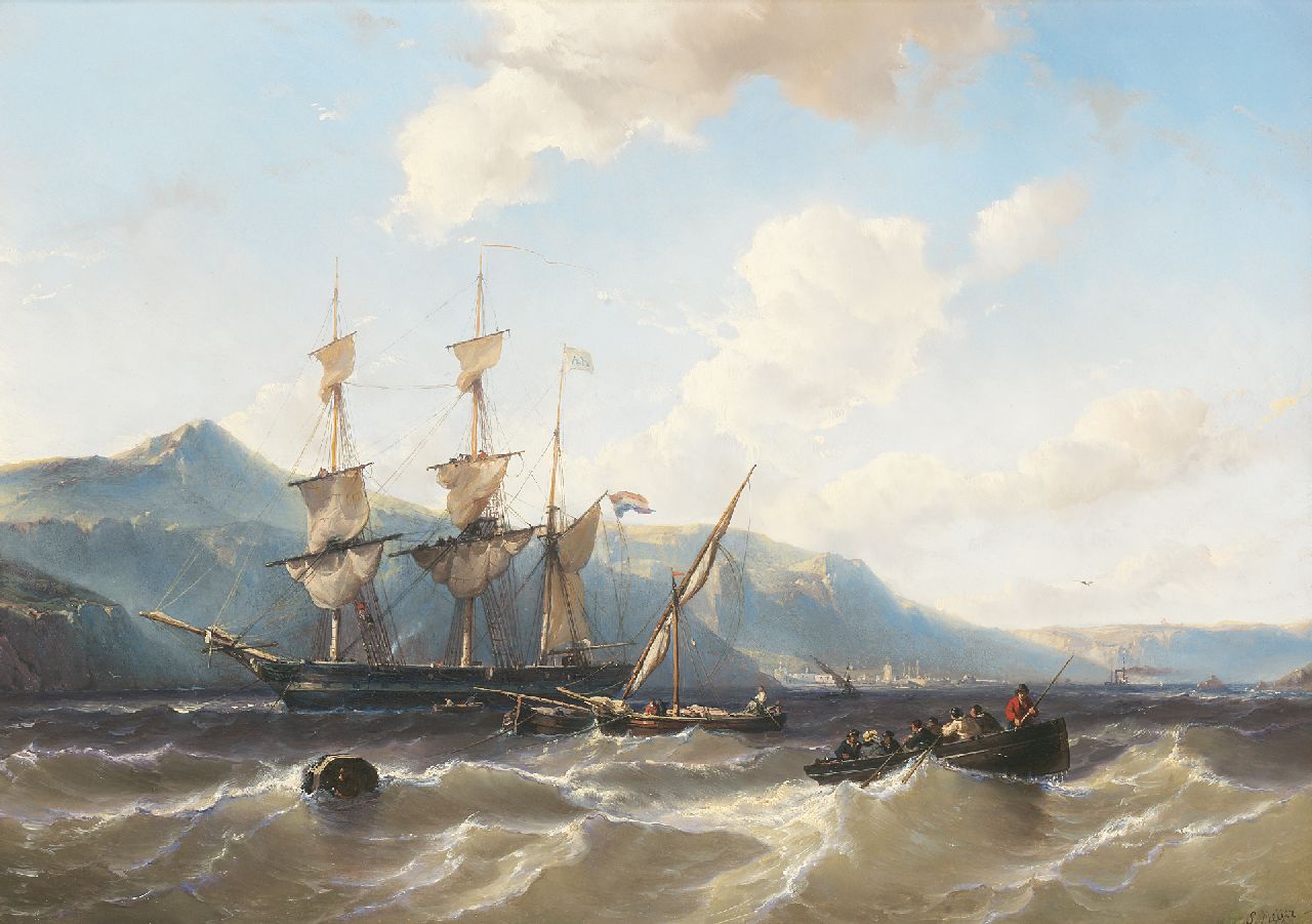 Meijer J.H.L.  | Johan Hendrik 'Louis' Meijer | Paintings offered for sale | A scooner, cargo vessels and a sloop along a mountainous coast, possibly Saint Helena, oil on panel 43.9 x 62.3 cm, signed l.r.