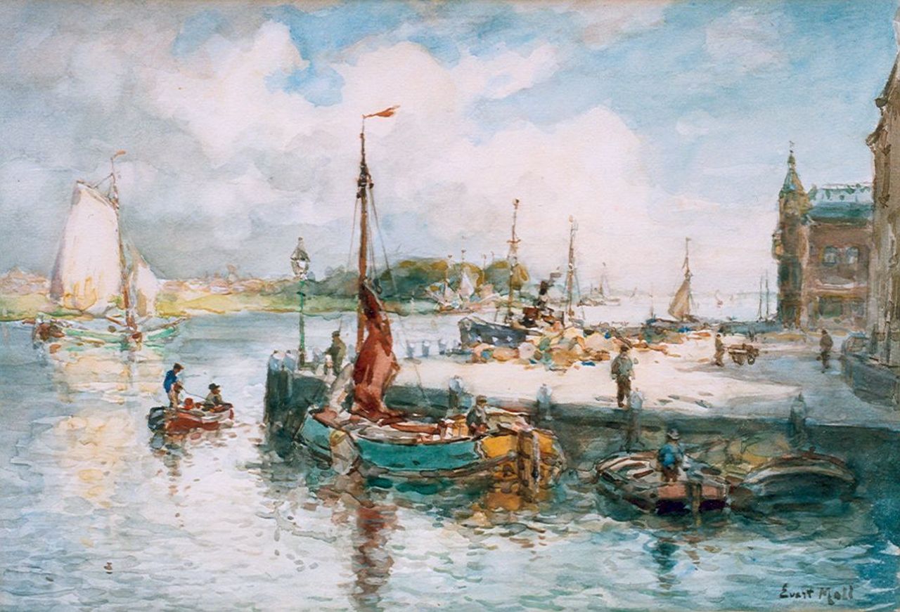 Moll E.  | Evert Moll, Daily activities on a quay, Dordrecht, watercolour on paper 24.0 x 34.8 cm, signed l.r.