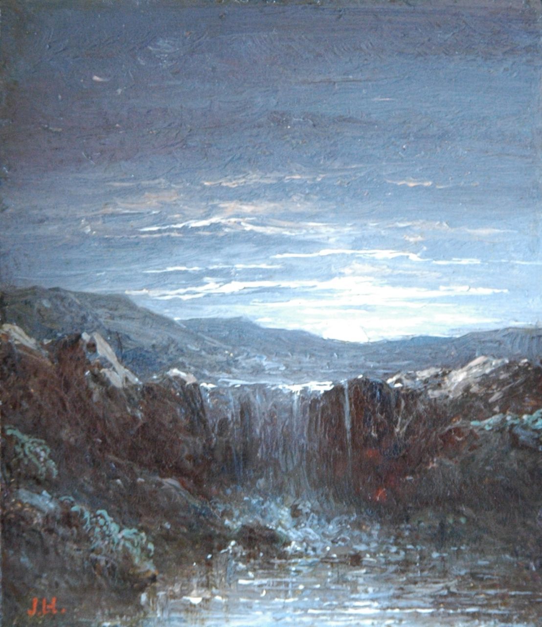 Hilverdink J.  | Johannes Hilverdink, Waterfall, oil on panel 10.1 x 8.7 cm, signed l.l. with initials and gifted to the Kunsthal