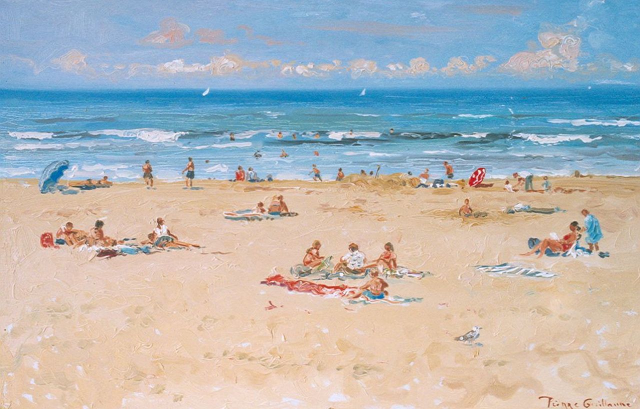 Guillaume P.  | Pierre Guillaume, Figures on the beach, Katwijk, oil on board 39.4 x 61.0 cm, signed l.r. and dated 16 Aug. 2004 on the reverse