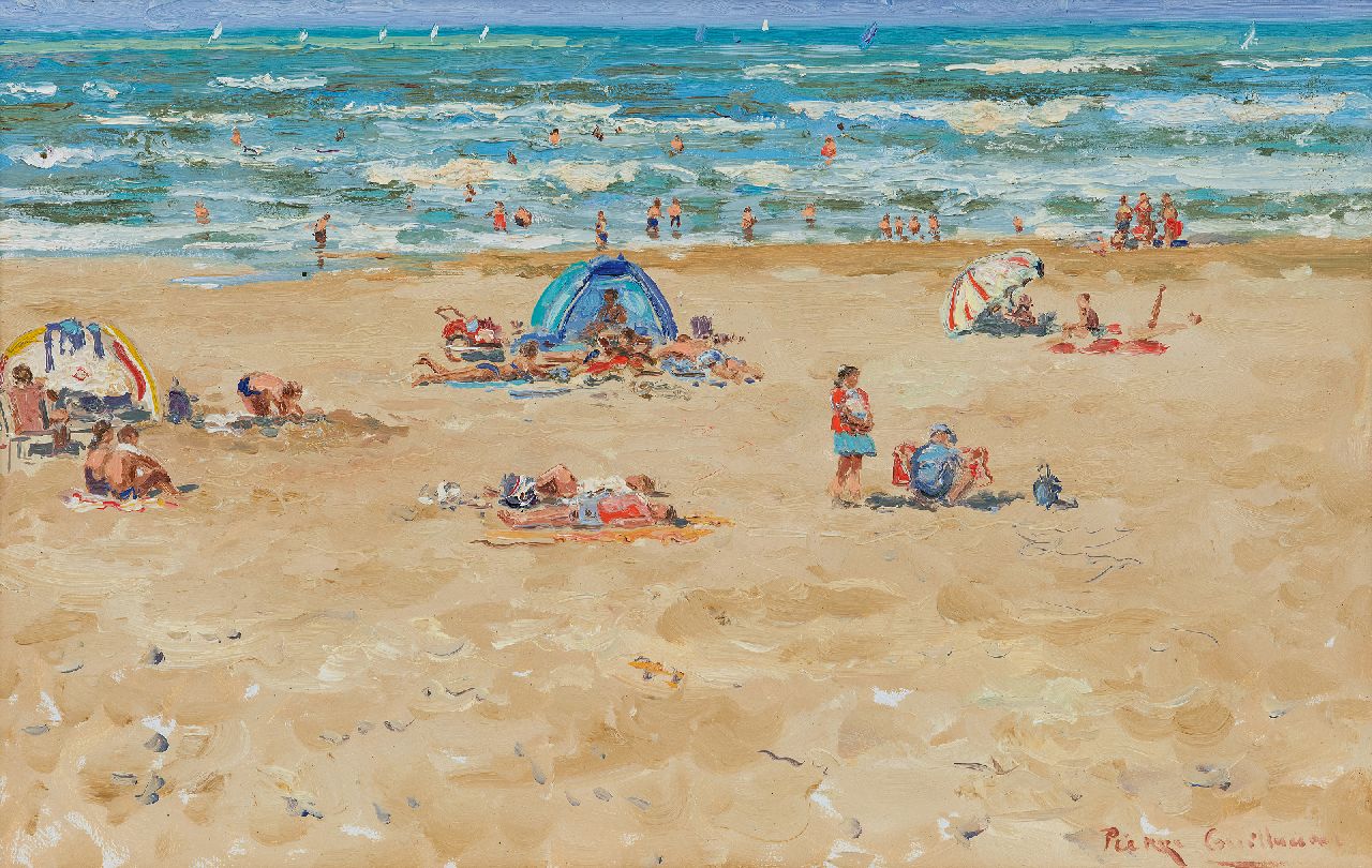 Guillaume P.  | Pierre Guillaume, Motherly love on the beach, oil on board 39.4 x 61.0 cm, signed l.r. and dated 28 aug 2004 on the reverse