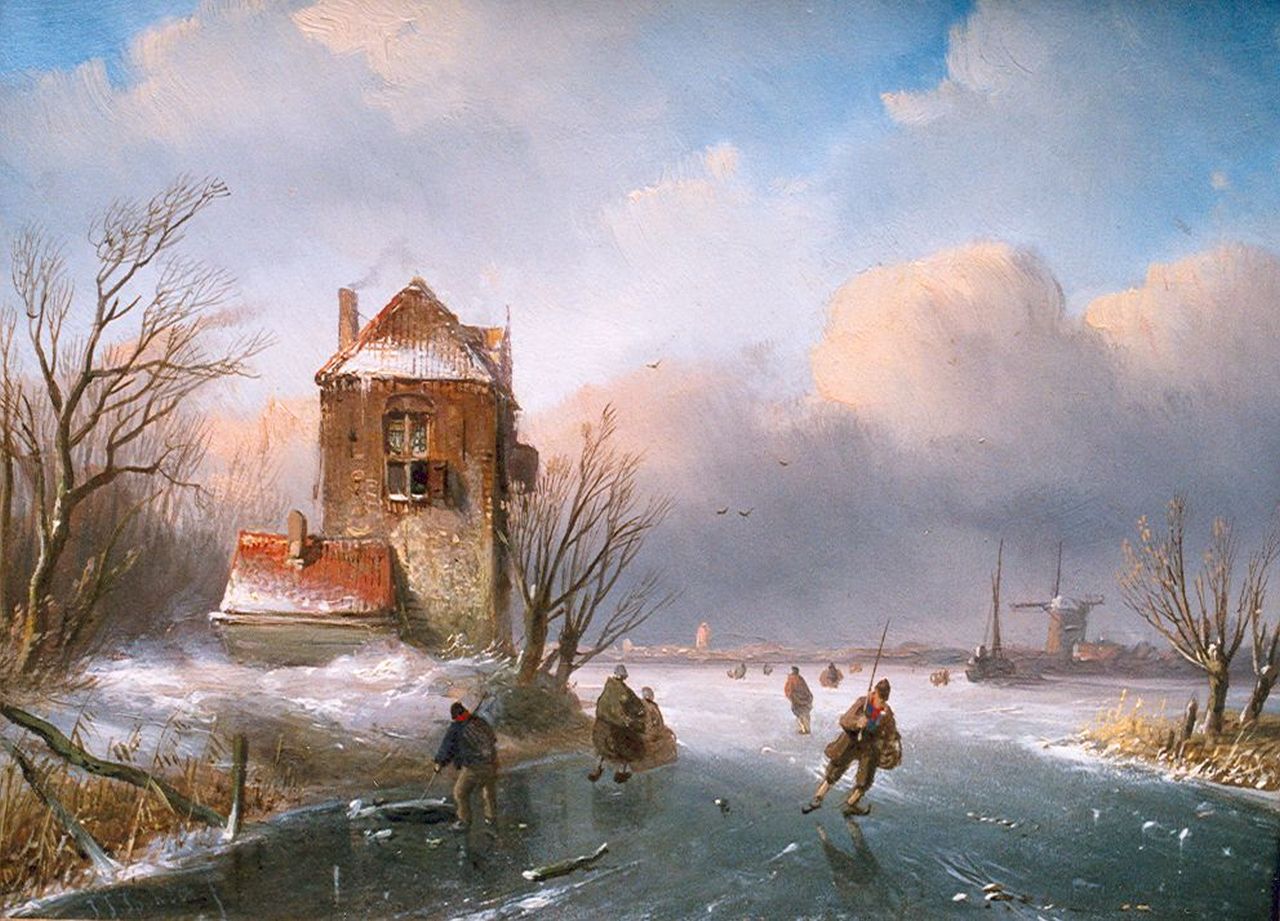 Spohler J.J.  | Jan Jacob Spohler, Skaters on a frozen waterway, oil on panel 18.9 x 25.4 cm, signed l.l.