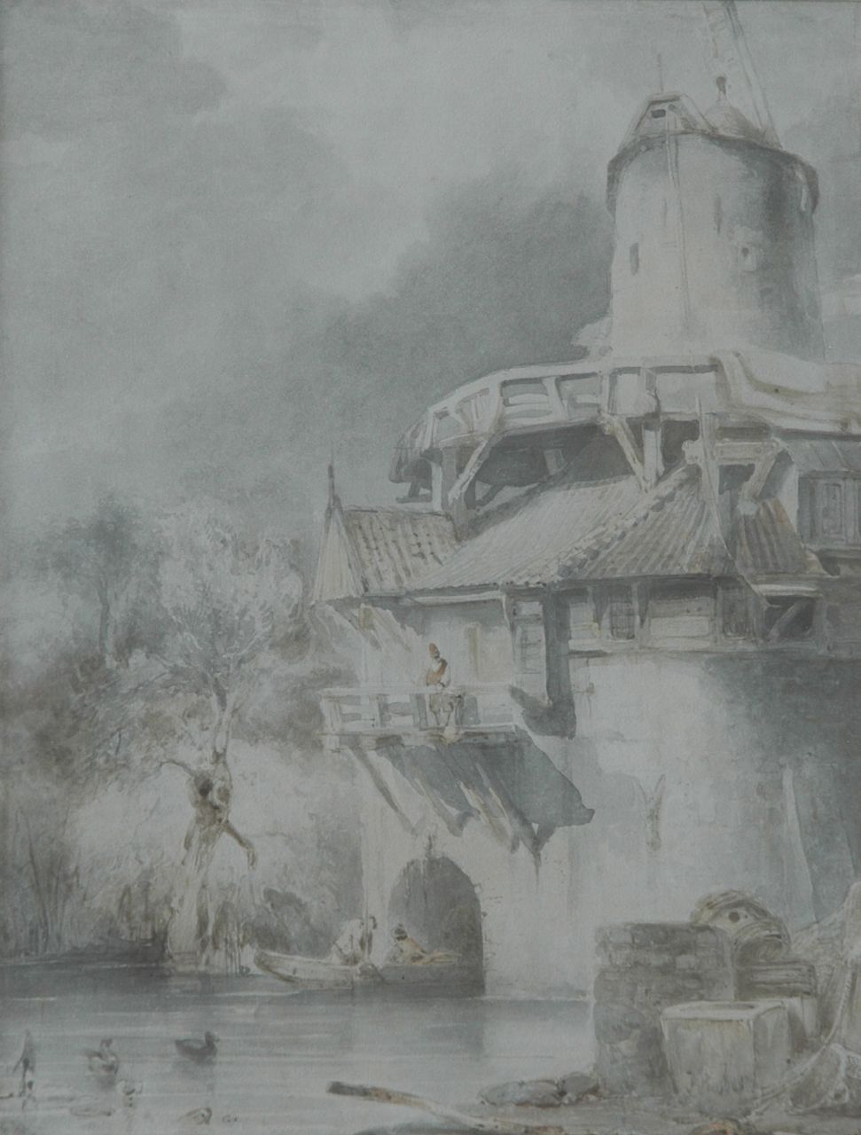 Bosboom J.  | Johannes Bosboom, A watermill near Leuven, sepia on paper 28.6 x 21.3 cm, signed l.r.