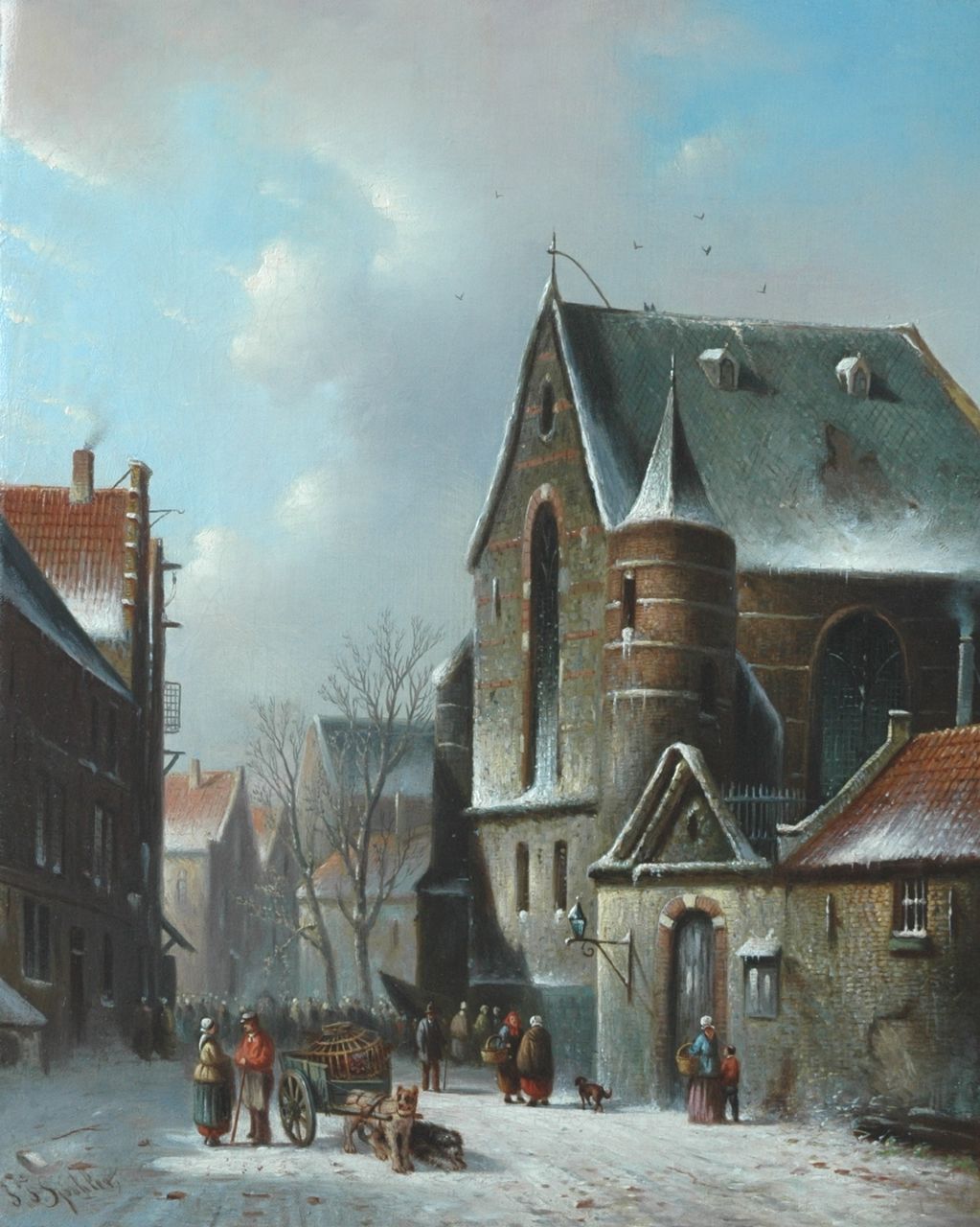 Spohler J.F.  | Johannes Franciscus Spohler, A village square in winter, oil on canvas 44.0 x 35.0 cm, signed l.l.