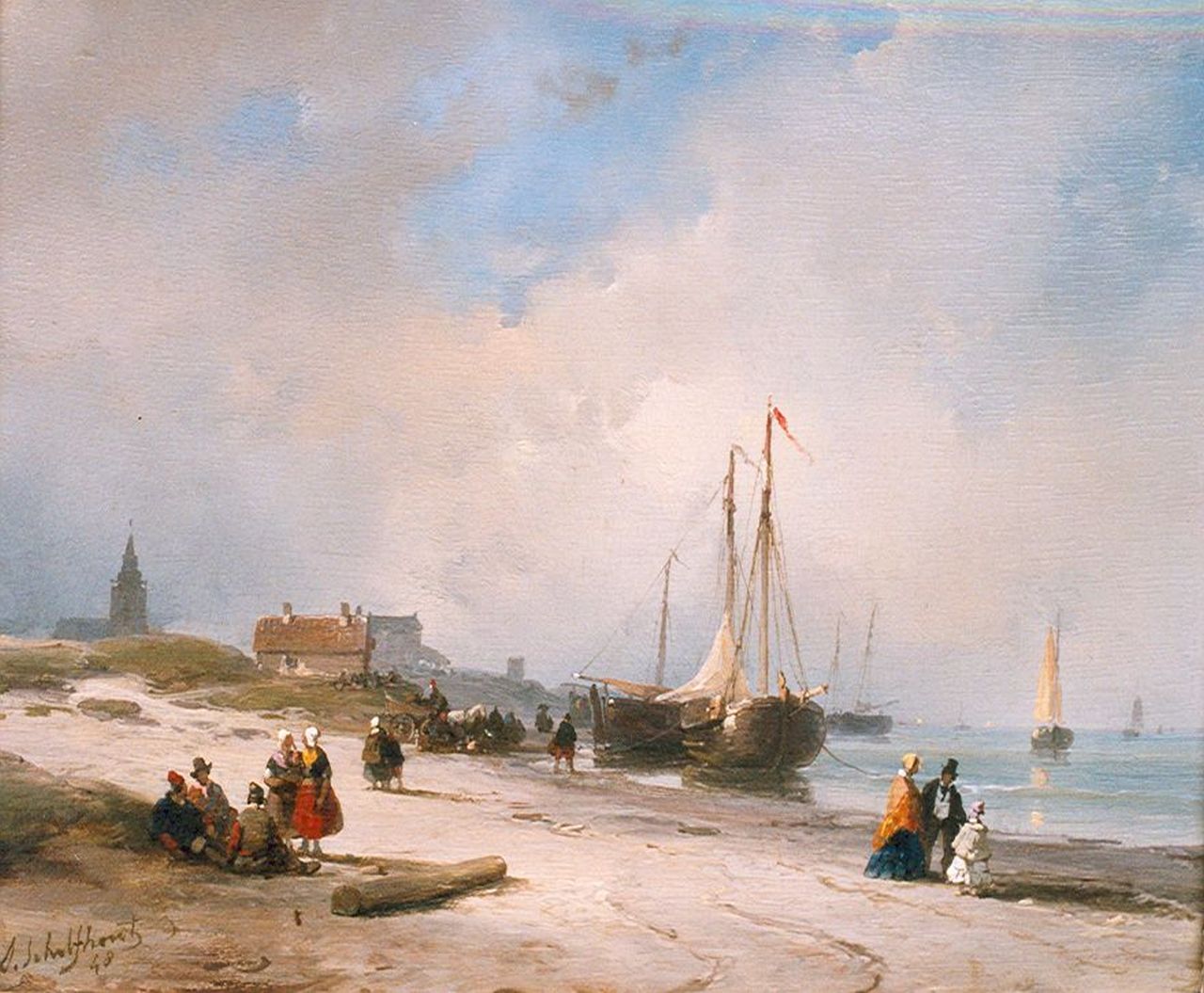 Schelfhout A.  | Andreas Schelfhout, Fisherfolk and elegant strollers on the beach, Scheveningen, oil on panel 19.0 x 22.4 cm, signed l.l. and dated '48