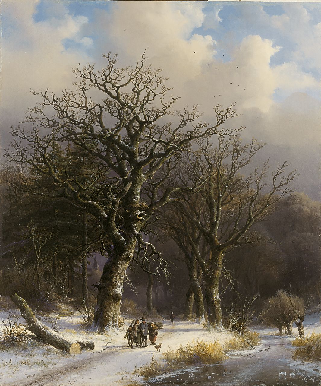 Klombeck J.B.  | Johann Bernard Klombeck, Oak forest with wood gatherers in winter, oil on panel 69.6 x 58.4 cm, signed l.r. and dated 1857