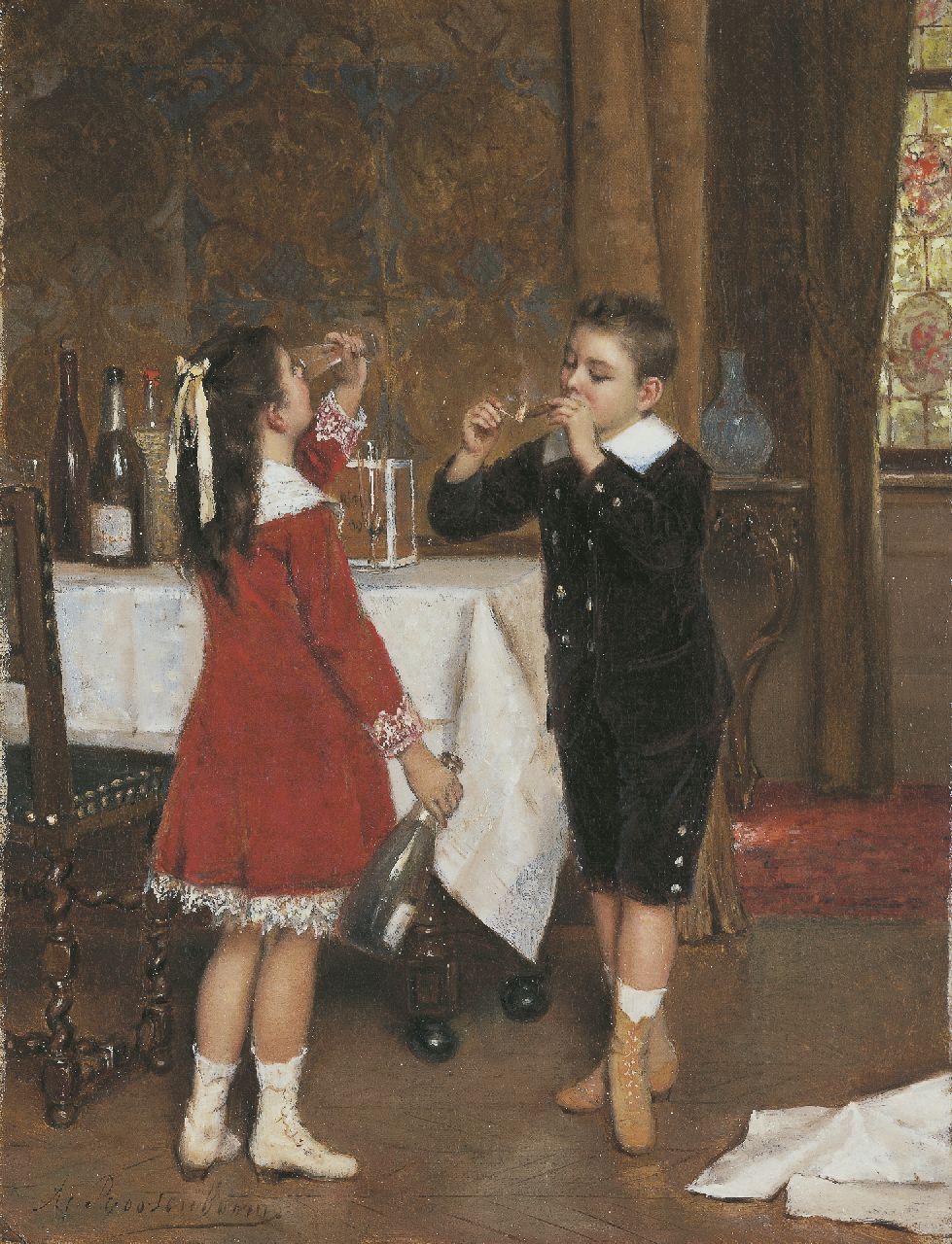 Roosenboom A.  | Albert Roosenboom, After the party, oil on canvas 34.2 x 26.4 cm, signed l.l. and dated 1882 on the reverse